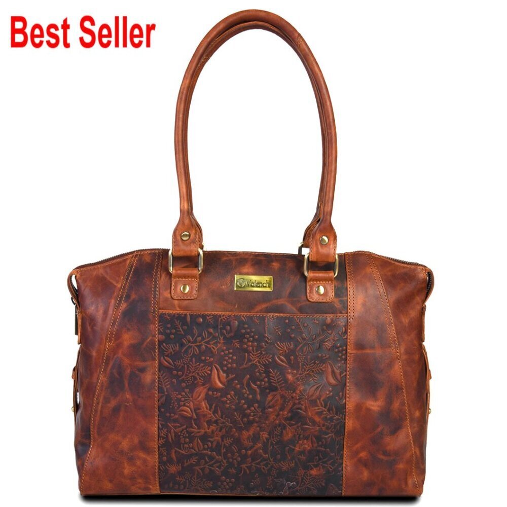 Genuine Leather Tote Bag with Flower Embossed Design for Women